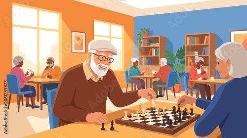 Quadro su tela Elderly Man Playing Chess in Sunlit Community Center