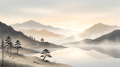 Misty oriental mountain landscape with a calm river and pine trees in a traditional ink wash painting style.
