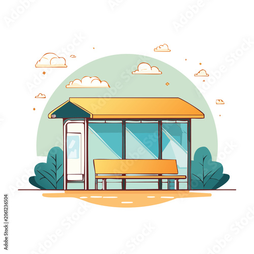 Flat design illustration of a tiny house with bench