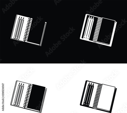 Minimalist Linear Vector Icons of an Open Spiral Notebook with Pencils Attached