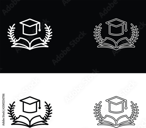 Minimalist Linear Vector Icon Set Featuring A Graduation Cap With An Open Book And Laurel Wreath
