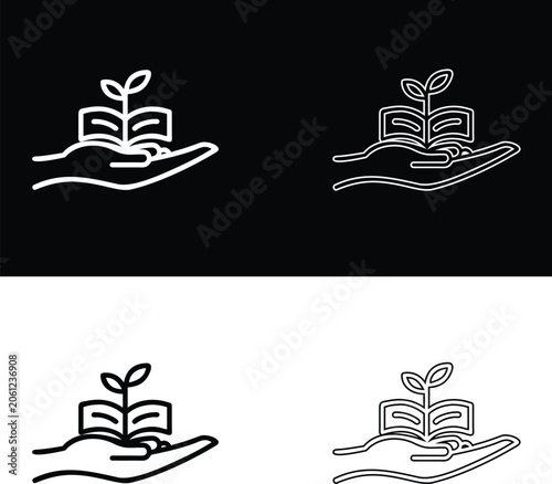 Minimalist Linear Vector Icon Of An Open Book With A Growing Plant Sprout In A Hand