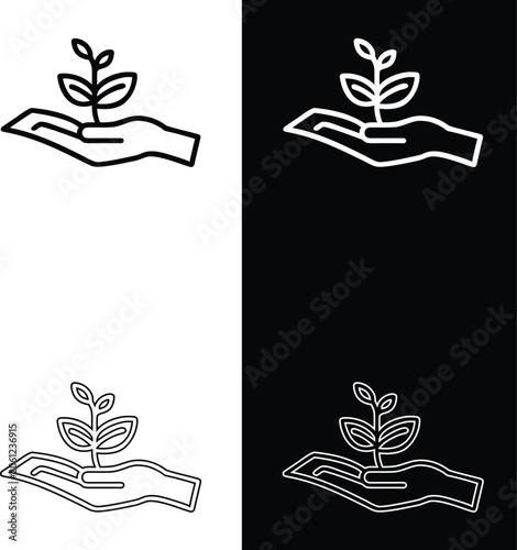Minimalist Linear Vector Icon Of A Hand Holding A Growing Plant Sprout Symbolizing Sustainability