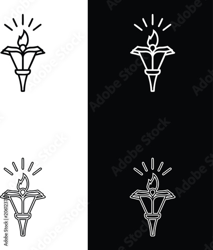 Minimalist Line Art Vector Icon of a Burning Torch with an Open Book Symbolizing Knowledge and Education