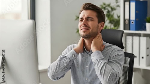 Office Worker's Discomfort A man in a light blue shirt is seated at a desk clutching his neck with both hands and grimacing in pain. His eyes are closed