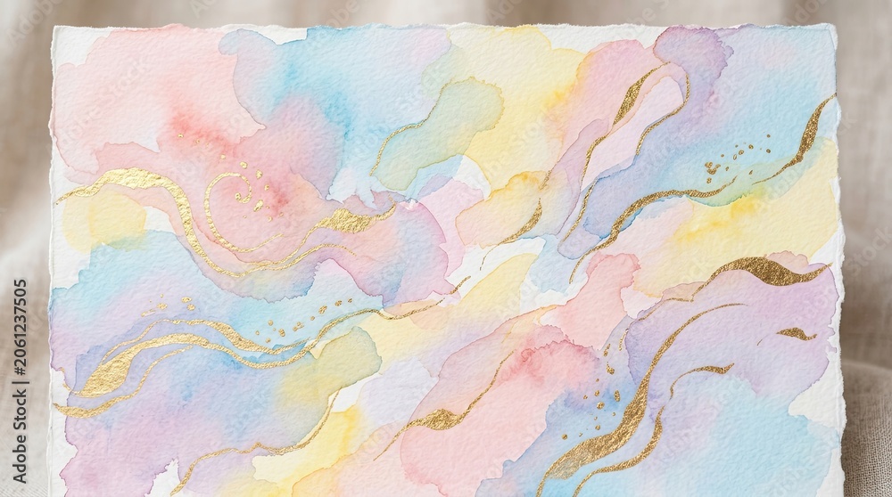 Fototapeta premium Abstract watercolor painting with pastel colors and gold accents