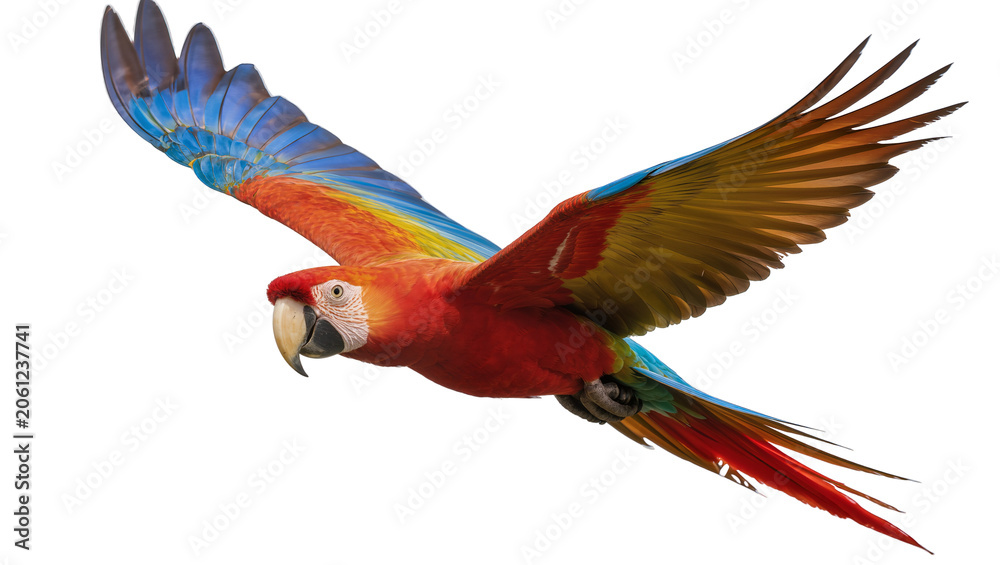 Obraz premium Scarlet Macaw parrot flying with wings spread wide