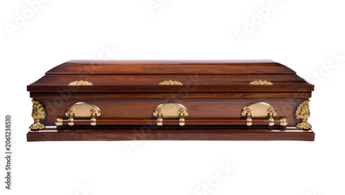 Obraz na plátne Ornate wooden coffin with brass handles and decorative accents