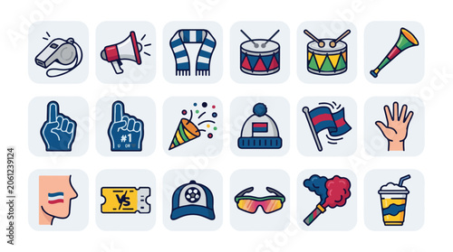 Essential collection of sports fan accessories and cheering gear for game day excitement and team spirit celebration with graphic elements