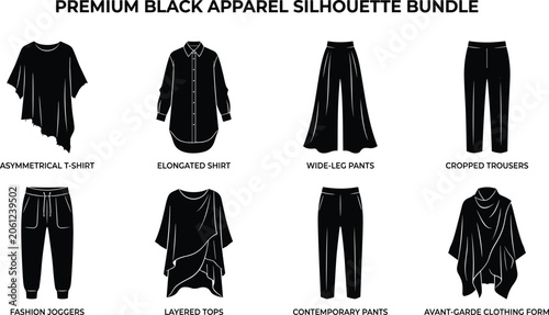 Photos Collection of modern black apparel flat vectors and clothing silhouettes featuri