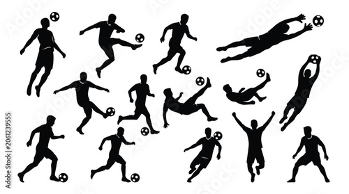 Dynamic collection of various soccer player silhouettes showcasing different actions like kicking, dribbling, and goalkeeping, perfect for sports design and graphic projects