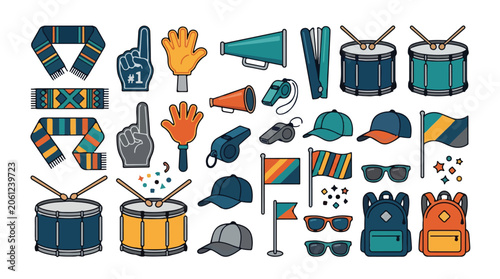 Vibrant collection of essential sports fan gear and cheering accessories, perfect for game day events, including scarves, drums, hats, flags, and foam fingers in flat design
