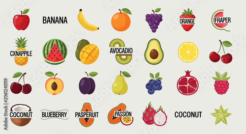 Assortment of Fresh Fruits Collection: Apple, Banana, Orange, Grapes, Strawberry, Watermelon, Mango, Kiwi, Avocado