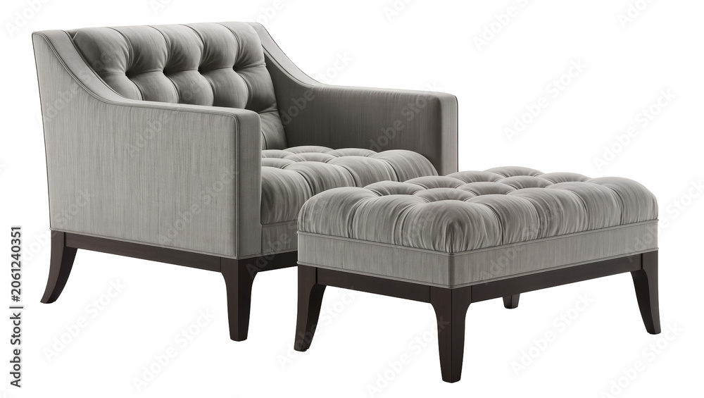 Naklejka premium Tufted armchair and ottoman set with grey fabric and dark wood legs
