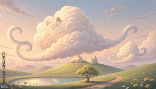 Whimsical illustration of giant fluffy cat clouds floating over peaceful green hills with a small pond at sunset