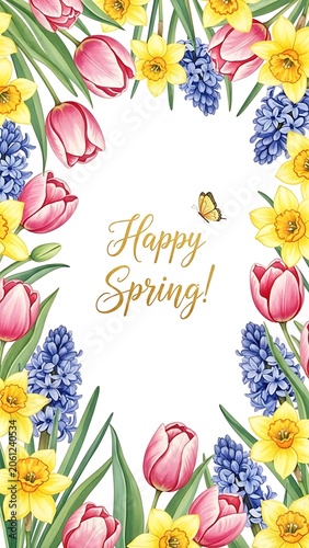 Colorful spring flowers with happy greeting card design.