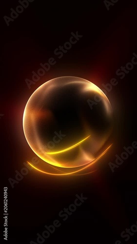 Neon glowing orange abstract sphere animation, vertical futuristic particle field background, digital technology motion graphic with circular plasma trails, 4k, 60 fps, HUD, loop