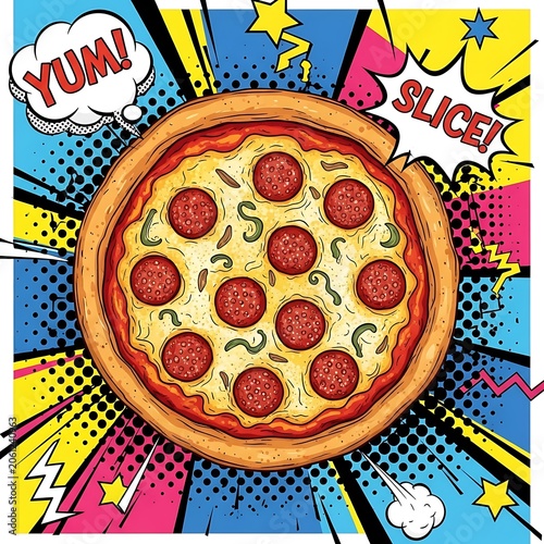 Colorful pizza with pepperoni on patterned background.