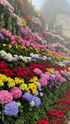 Colorful spring garden with blooming tulips and daffodils.