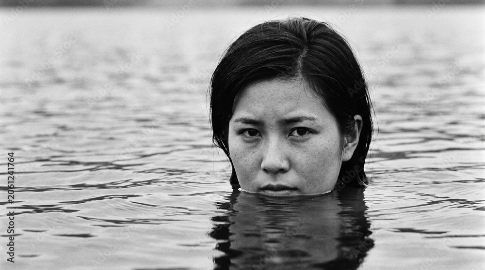 Fototapeta premium 昭和の日本人女性：水面から顔を出し、強い眼差しでカメラを見つめる、昭和40年代の20代女性モノクロクローズアップポートレート