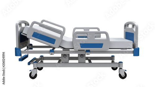 Adjustable hospital bed with wheels and blue accents