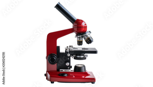 Cuadro en lienzo Red and black compound microscope with metal lenses and stage