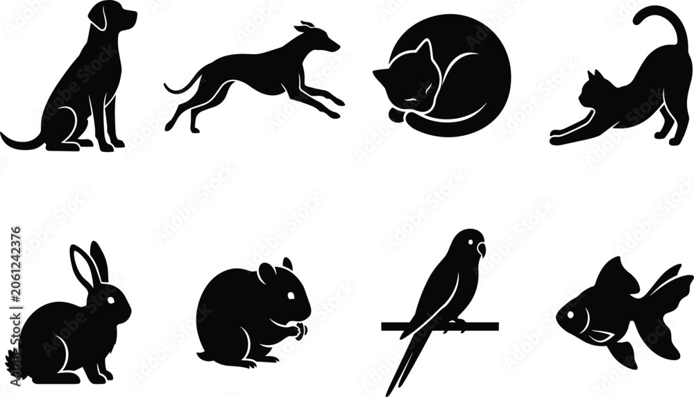 Obraz premium Pet and Small Animal Silhouette Collection Featuring Dog Cat Rabbit Hamster Bird and Goldfish Vector and Small Animal Silhouette Collection Featuring Dog Cat Rabbit Hamster Bird and Goldfish 