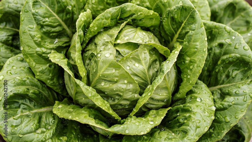 Fototapeta premium Fresh head of green romaine lettuce with water droplets on the leaves