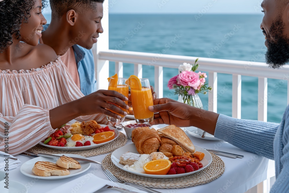 Fototapeta premium Couple enjoying a delicious breakfast with orange juice by the sea, celebrating a special occasion.