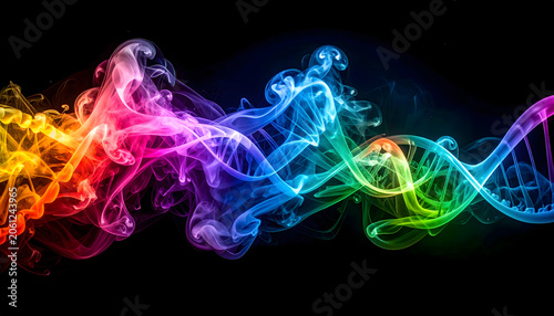 Vibrant rainbow-colored smoke waves morph into a DNA double helix structure on a dark background.