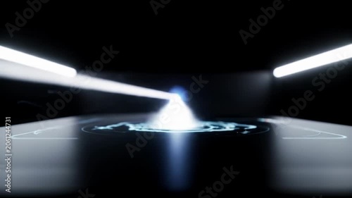 Expansive video shows a sharp white light beam with digital particles cutting through a dark void, illuminating abstract data visualization on a matte surface. Digital transformation concept