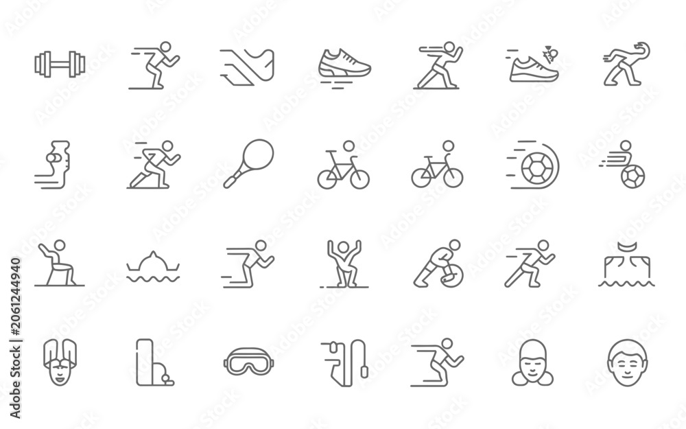 Fototapeta premium Sports and Fitness Line Icons Set - Running Cycling Gym Workout and Active Lifestyle Outline Vector Collection