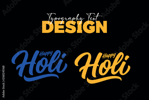 Happy Holi typography text design set featuring bold blue and yellow cursive script lettering on a black background.