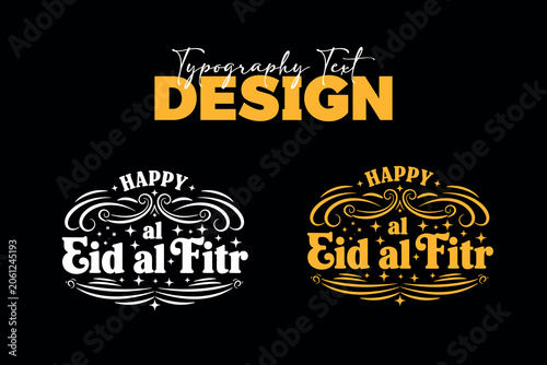 Happy Eid al Fitr typography text design set featuring ornate white and yellow vintage lettering frames on black background.