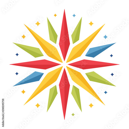 Flat design starburst with rays in red yellow green blue