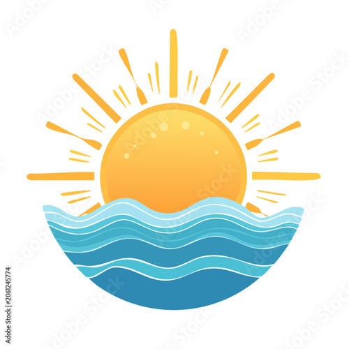 Flat design sun with ocean waves vector