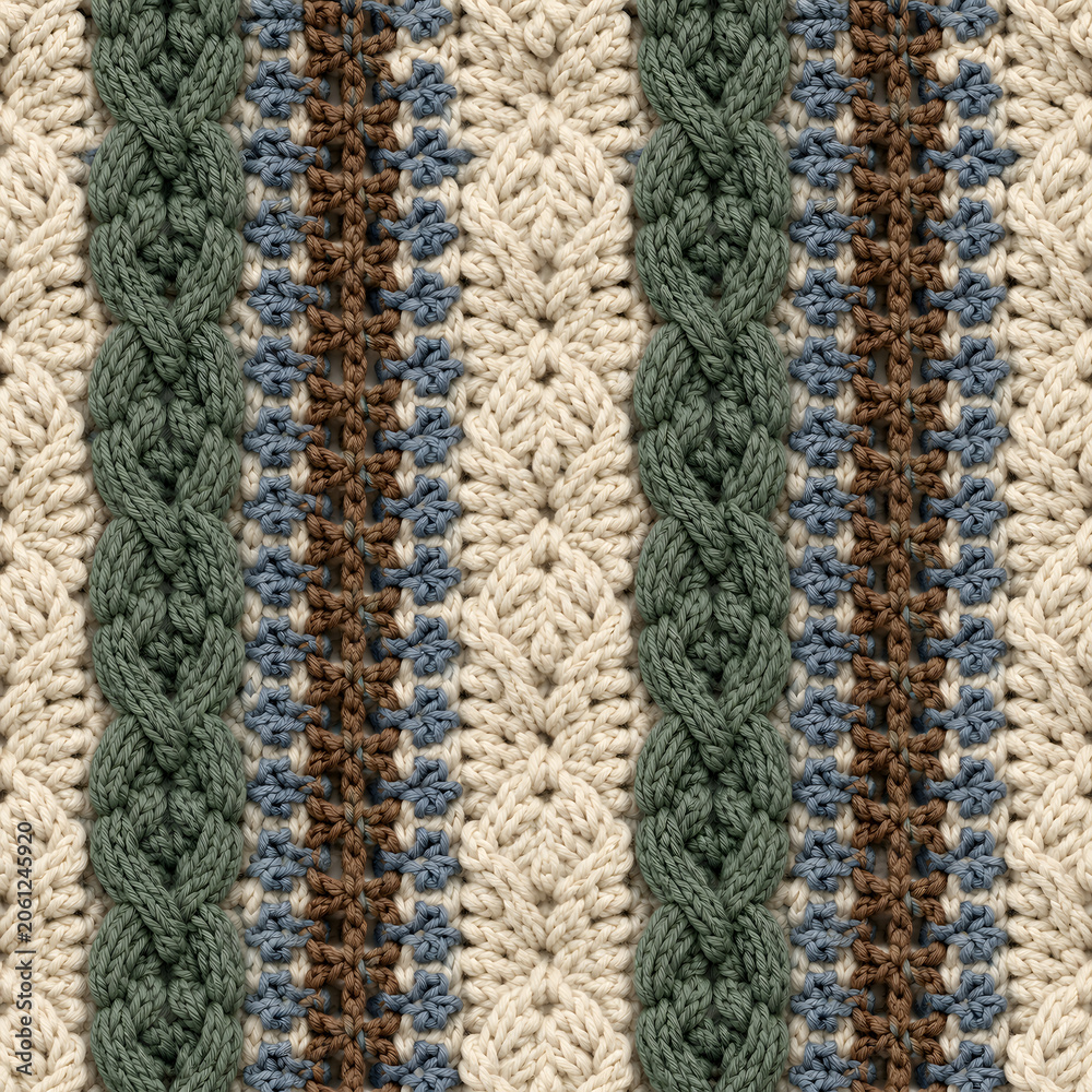 Fototapeta premium Cozy knitted wool texture, a warm handmade crochet pattern with intricate braided cables. Soft yarn textile background, perfect for winter fashion and craft projects.