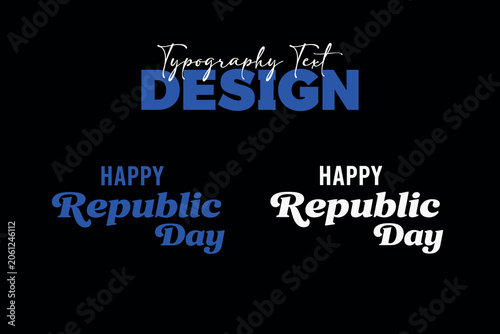 Happy Republic Day typography text design set featuring bold blue and white styled fonts isolated on a black background.