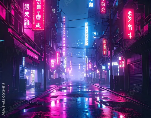 Neon lit city street at night.