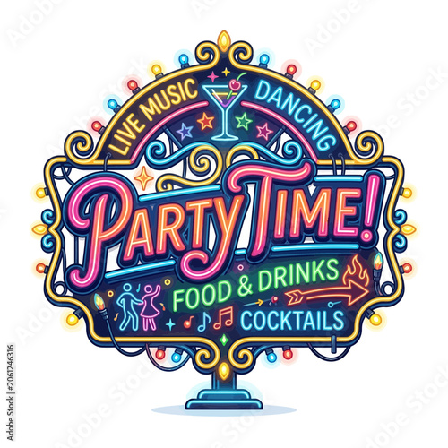 Neon Party Sign: Cocktails, Dancing, Live Music