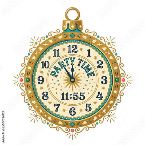 Ornament clock festive, holiday illustration, party time, isolated