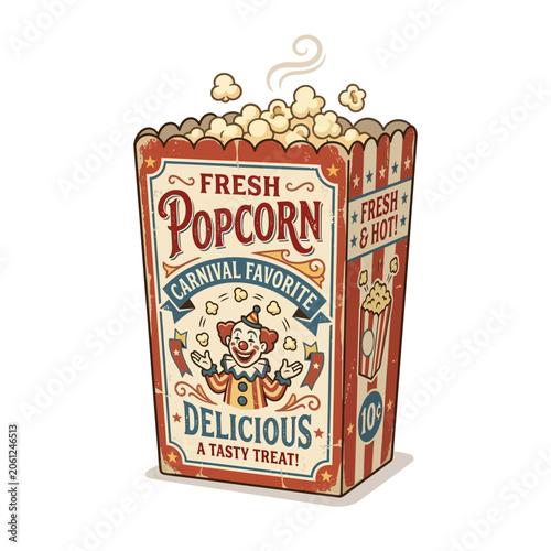 Retro Popcorn Box with Clown Illustration