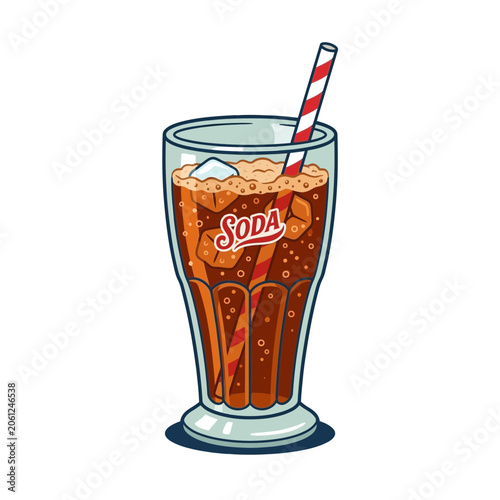 Retro soda glass with ice and red straw, white background.