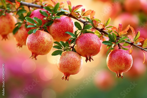 Fresh Pomegranate Fruits Growing on Branch with Green Leaves in Orchard during Sunny Day