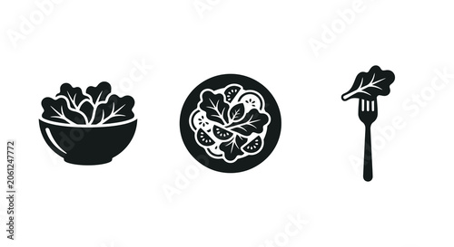 Tableau sur toile Salad Bowl Plate And Fork With Lettuce Silhouette
