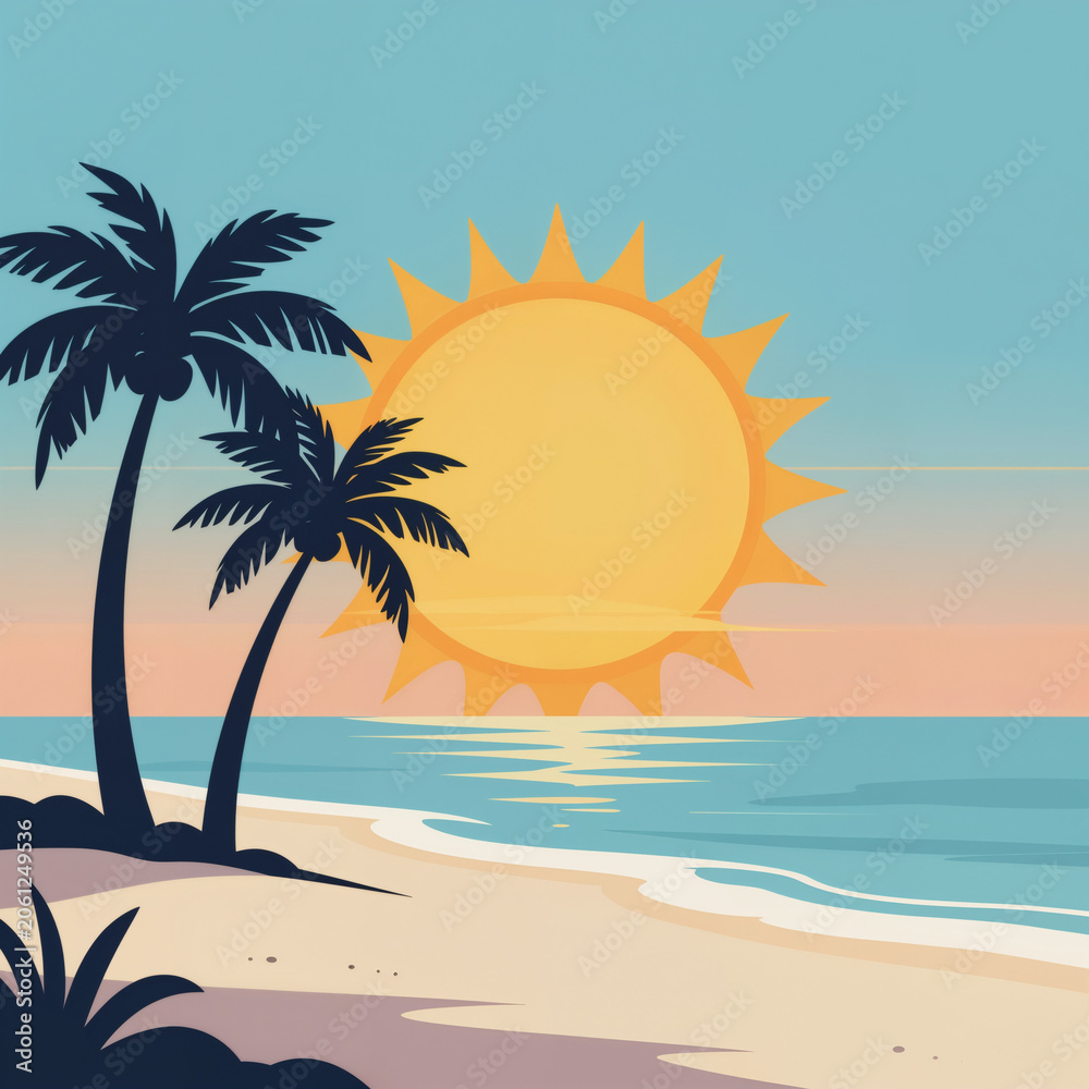 Fototapeta premium palm tree on the beach, rising sun, white sand