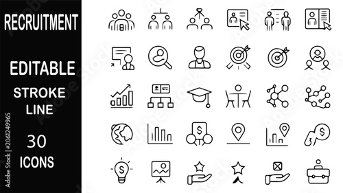 Recruitment Icon Set: A comprehensive collection of 30 editable stroke line icons representing the recruitment process, talent acquisition, and human resources.