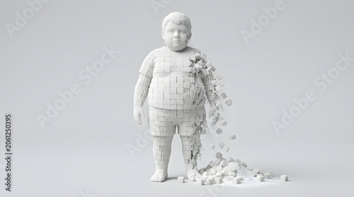 Child figure shape made of white sugar cubes disintegrating. Conceptual sculpture illustrating health risks of excess sugar consumption and obesity. Diet and healthy lifestyle awareness.