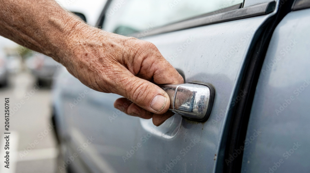 Fototapeta premium Close up of senior hand opening blue car handle representing active aging and freedom