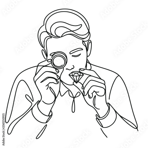 Jeweler inspecting gemstone with loupe single line drawing